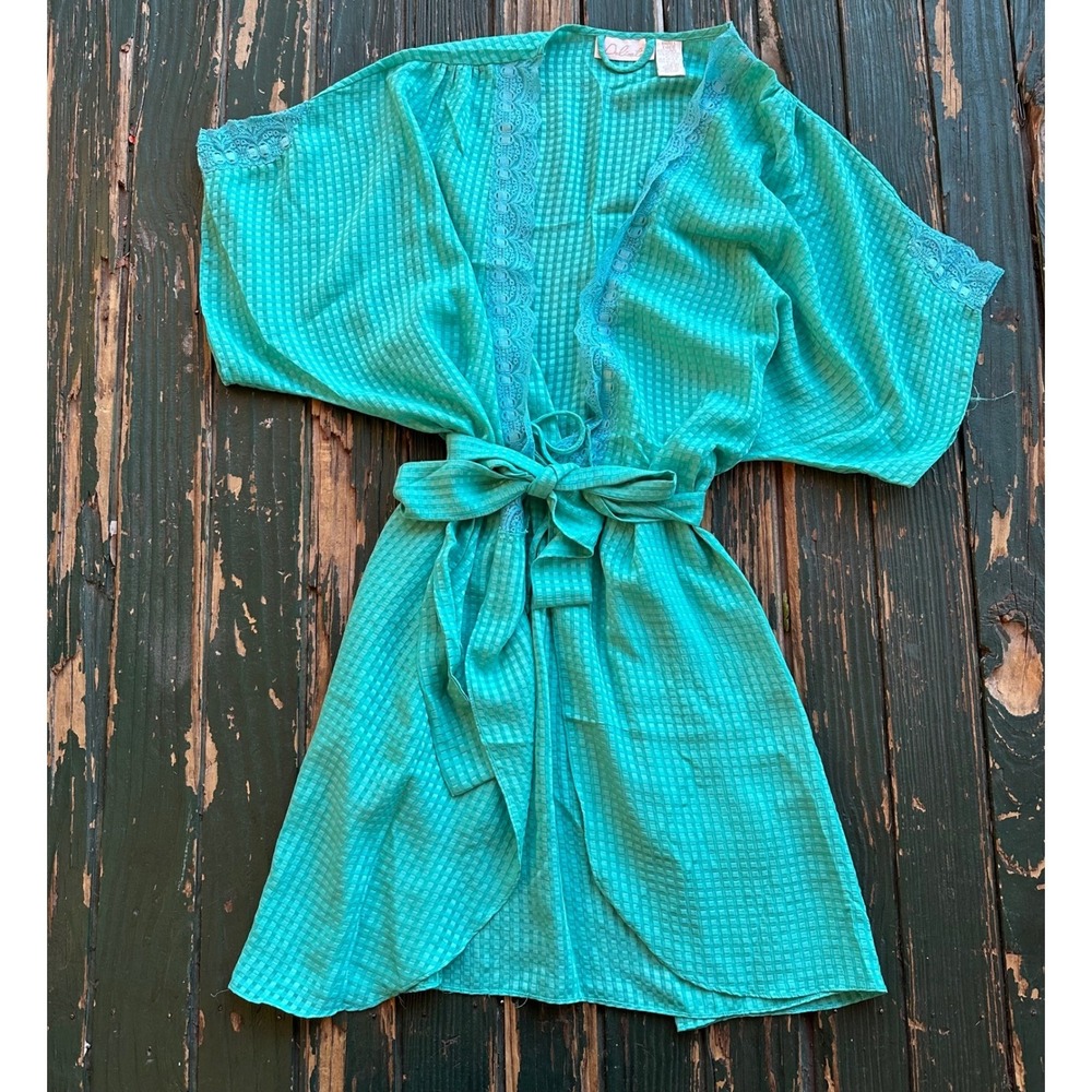 Vintage Delicates Teal Waffle Weave Robe and Teddy Lingerie Set Small Teal Lace